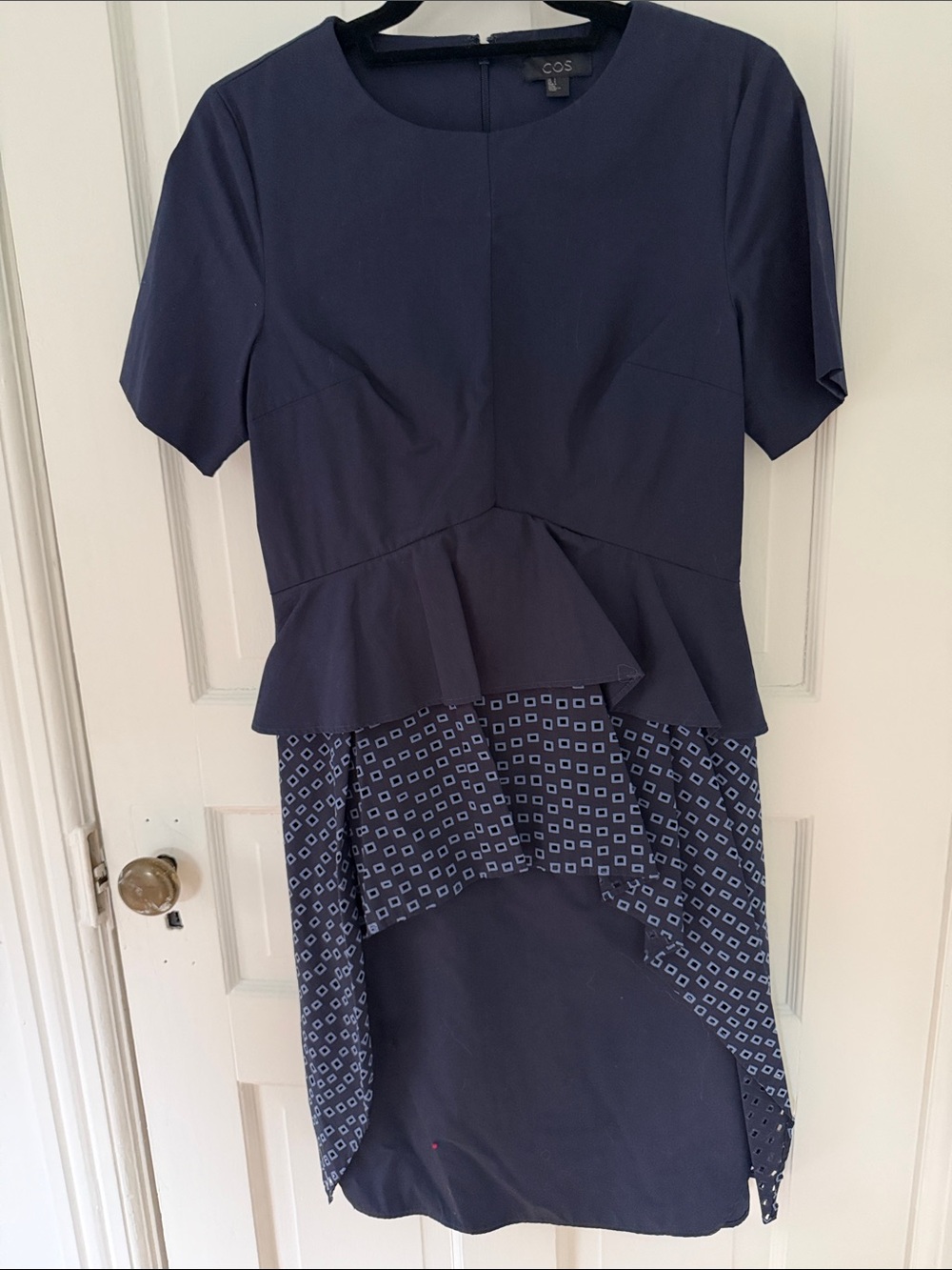 COS Navy High-Low Peplum Dress with Geometric Print